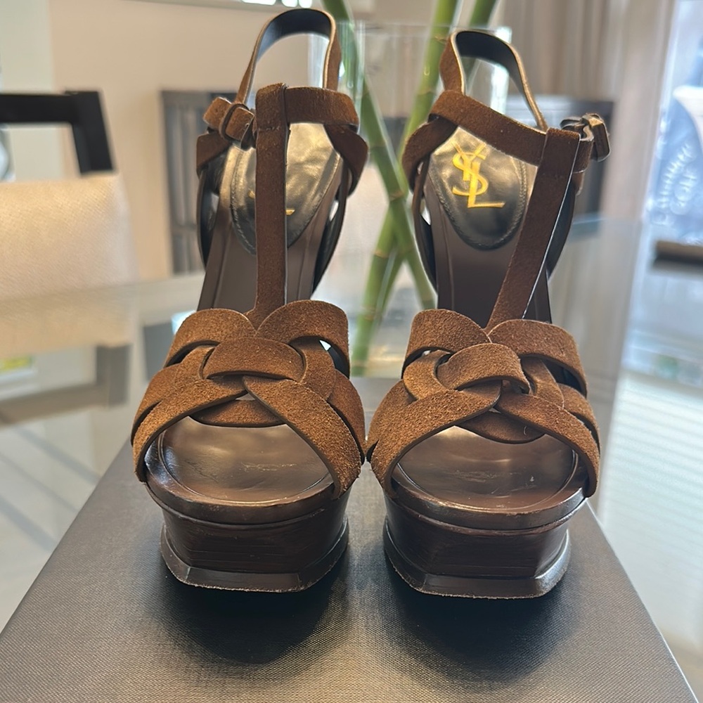 YSL Tribute Caramel Strappy Platforms